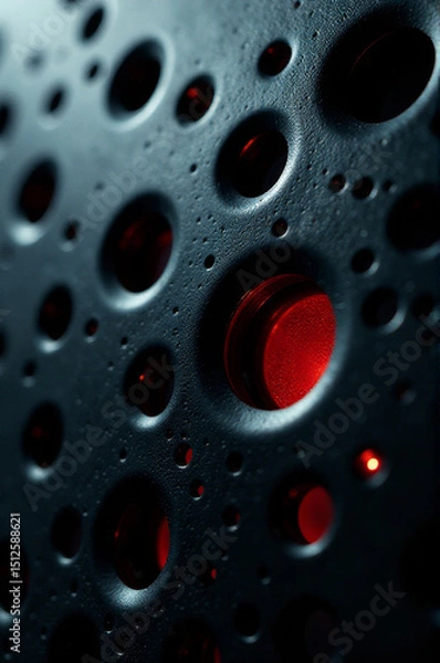 Fototapeta A close-up of a red button on a black surface