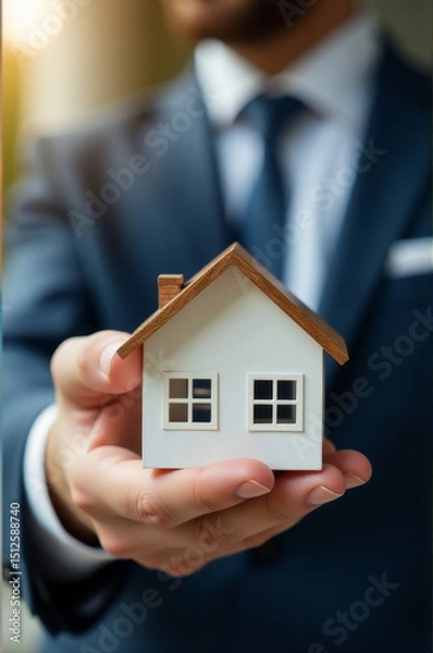 Fototapeta A businessman holding a scale model of a house, for presentation or discussion purposes