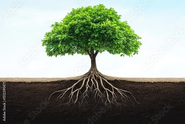 Fototapeta Graphic layout showcasing a lush green tree with visible roots in earthy soil environment