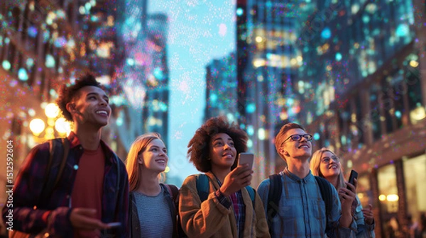 Fototapeta Group of diverse young people using smartphones and looking amazed in a city illuminated by digital lights.
