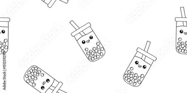 Fototapeta Seamless pattern with cute smiling Kawaii style bubble tea cups, vector