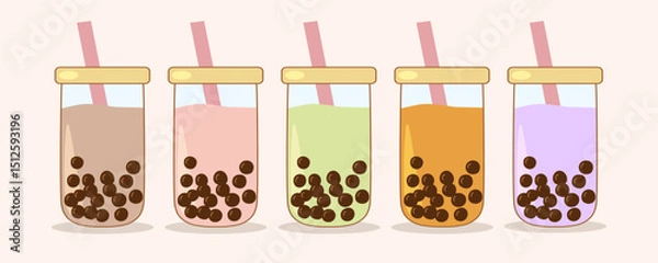 Fototapeta Different flavors of refreshing bubble tea showing tapioca pearls and straws in takeaway cups
