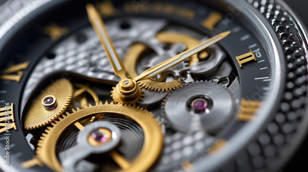 Fototapeta Extreme close-up of a luxury mechanical watch showcasing intricate gears and golden hands.
