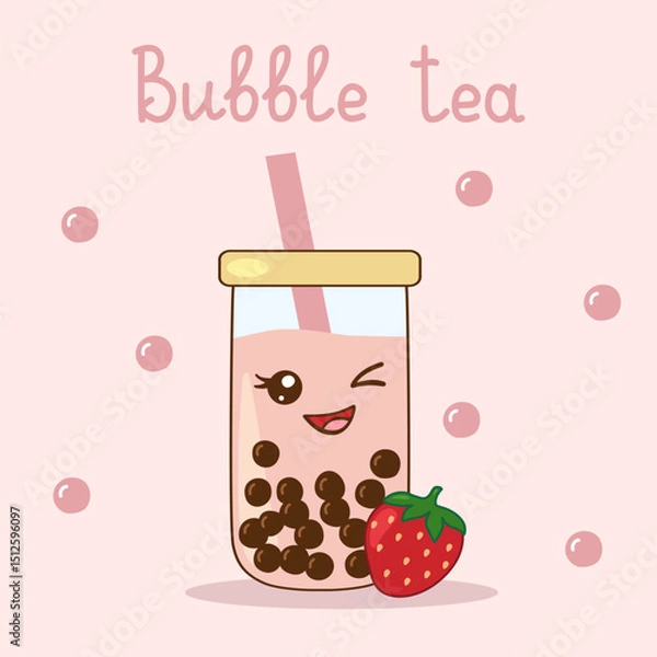 Fototapeta Kawaii style strawberry bubble tea, also known as boba, served in a glass jar, with lettering