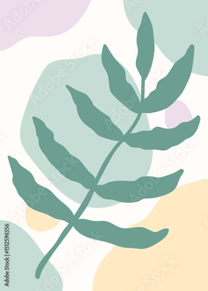 Fototapeta Minimalist boho illustration with green leaf and pastel colored abstract shapes, vector