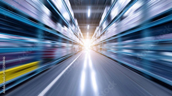 Fototapeta High-speed motion blur through a futuristic tunnel with glowing lines and central light.
