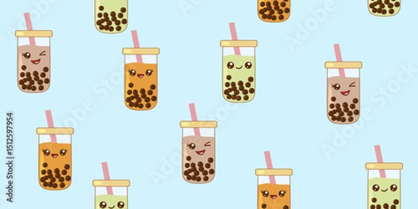 Fototapeta Kawaii bubble tea cups with happy faces seamless pattern on blue background, vector