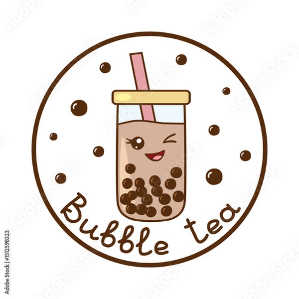 Fototapeta Kawaii winking bubble tea with boba tapioca pearls in a circle frame with lettering, vector
