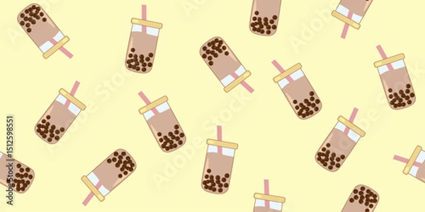 Fototapeta Bubble tea seamless pattern showing boba drink with pink straws on yellow background