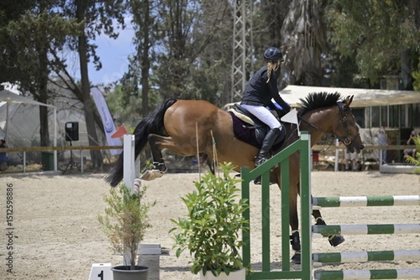 Fototapeta Equestrian Rider and Horse Clearing a Jump in a Showjumping Competition