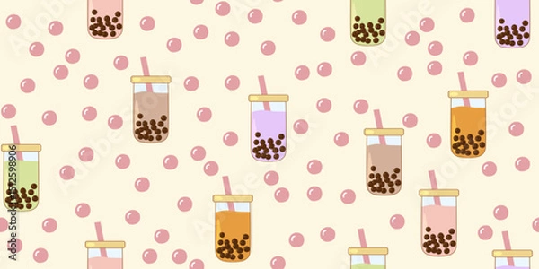 Obraz Different colored boba tea glasses and tapioca pearls seamless pattern on pastel yellow, vector