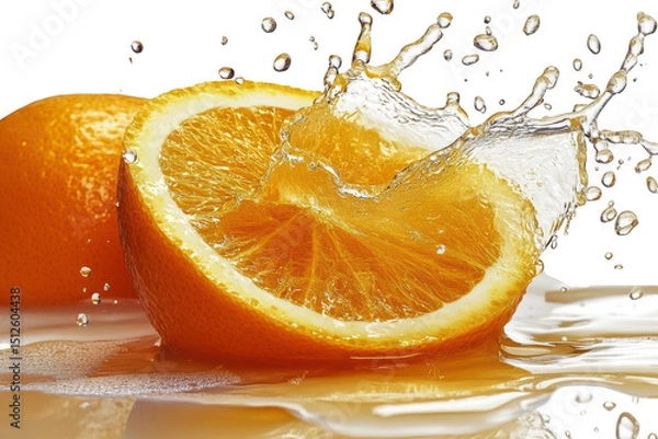 Fototapeta Delicious orange slice splashing in juice isolated on transparent background