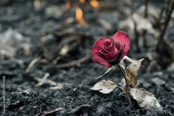 Obraz Blooming Rose Among Ashes: A Red Flower Rising from the Remnants of Fire