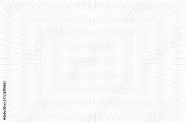Fototapeta Digital wireframe space for virtual reality, simulation, or tech design. Empty 3D grid room with white walls, ceiling, and floor, outlined by thin grey lines forming squares in perspective