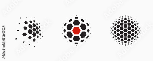 Fototapeta Set of dotted abstract shapes. Hexagonal halftone pattern. Half tone design elements in geometric tech style for logo, banner, web page, print, poster, business cards and template.