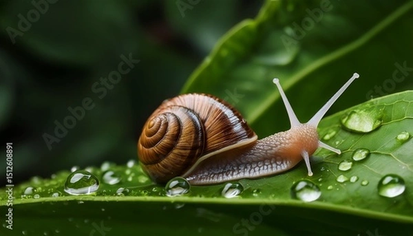 Fototapeta a beautifully detailed garden snail rests on a vibrant green leaf showcasing its intricate shell patterns and delicate features amidst droplets of water adding to its natural beauty