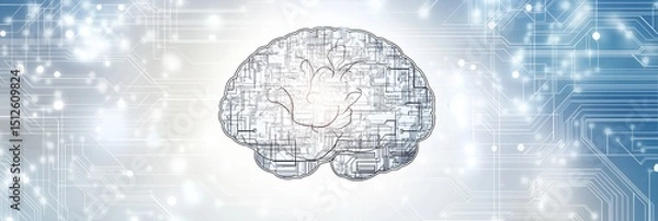 Obraz Digital illustration of a human brain with circuit board patterns on a light blue and white technological background with glowing nodes and lines