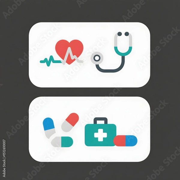 Obraz Flat design set of medical icons including stethoscope, pills, heart monitor, syringe, and first aid kit on white background