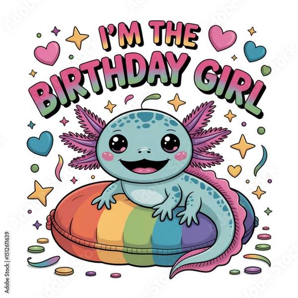 Fototapeta A cheerful axolotl sits on a rainbow-colored cushion, surrounded by playful hearts and stars. The bold text i'm the birthday girl