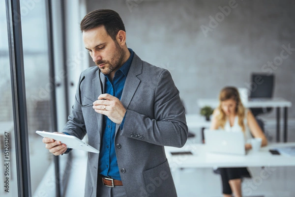 Fototapeta Business Professional Reviewing a Tablet in a Modern Office Setting