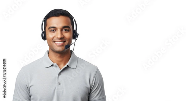 Fototapeta Smiling man wearing headset isolated on transparent background