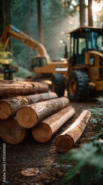 Fototapeta Atmospheric forestry operation with stacked timber logs in foreground and yellow heavy machinery working in misty forest at dawn, logging industry site