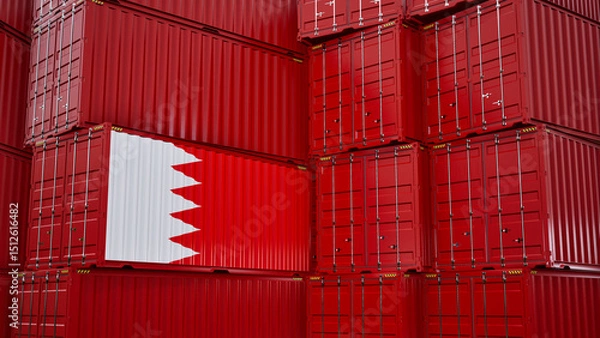 Obraz Cargo shipping container with bahrain flag, shipping and freight transportation of bahrain concept.