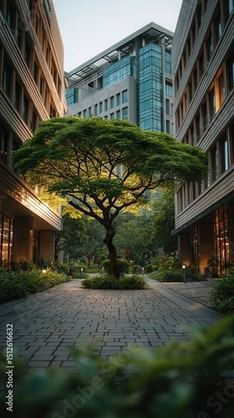 Fototapeta Serene urban courtyard with lush green tree centered between modern office buildings, featuring glass architecture, stone paving, and landscaped garden space in corporate business district
