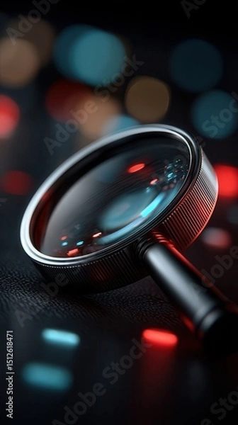 Fototapeta Dramatic close-up of metallic magnifying glass with colorful bokeh lights reflecting on lens surface against dark textured background, symbolizing search, investigation, and discovery in digital or
