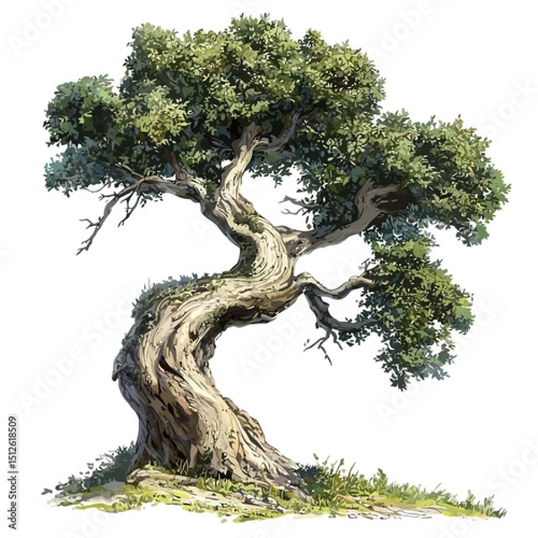 Obraz Vector Illustration of a Twisted Old Tree with Green Foliage on White Background
