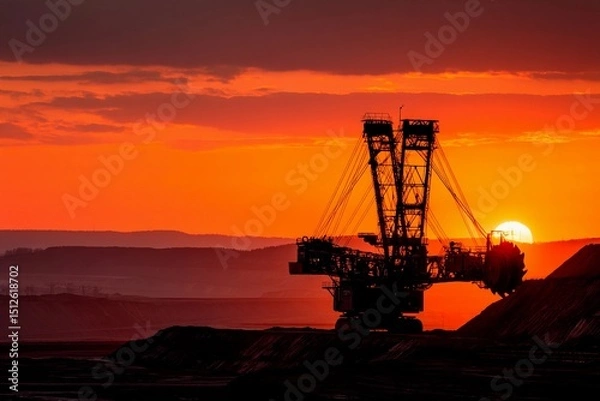 Fototapeta A massive excavator stands silhouetted against a stunning sunset, highlighting its details while the sun descends. The open-pit mine creates a dramatic landscape as day transitions to night