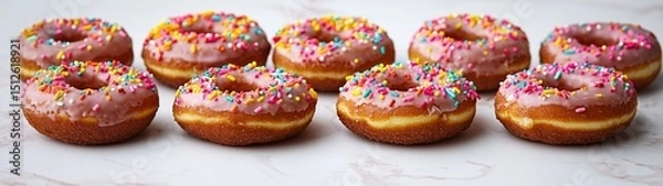 Fototapeta Delicious donuts with colorful sprinkles bakery display food photography bright environment overhead view tempting treats
