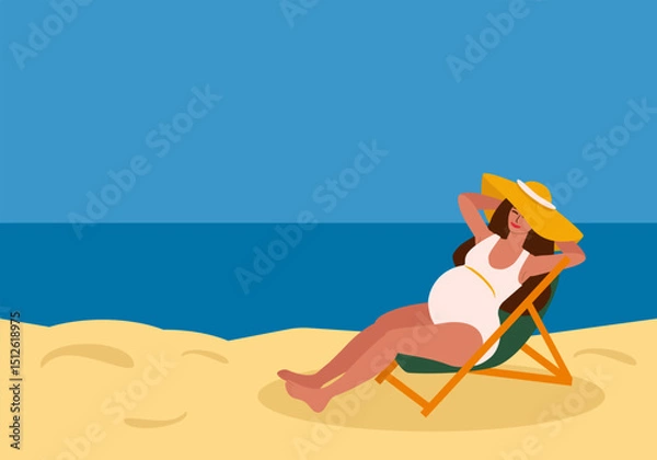 Obraz Young pregnant woman in swimsuit and straw hat relaxing in sun lounger by the sea - vector color flat illustration for banners, cards, posters, flyers
