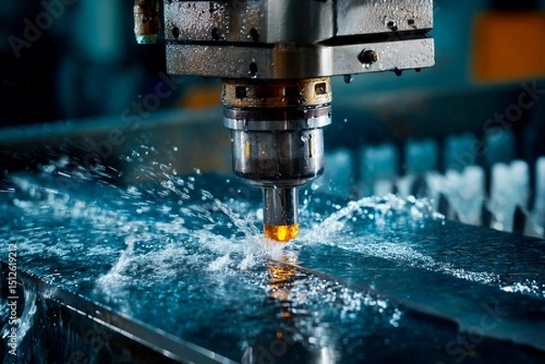 Fototapeta High precision water jet cutting of steel is taking place in an industrial workshop. The water sprays and the machinery operates efficiently, showcasing advanced manufacturing technology