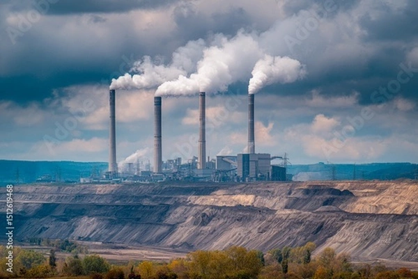 Fototapeta Large industrial power plant with four tall chimneys releasing smoke into the air, set against a backdrop of dark clouds and a rugged landscape in the late afternoon light