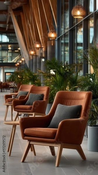 Fototapeta Elegant modern hotel lobby with brown leather armchairs, gray accent pillows, hanging pendant lights and tropical plants in contemporary interior design with floor-to-ceiling windows