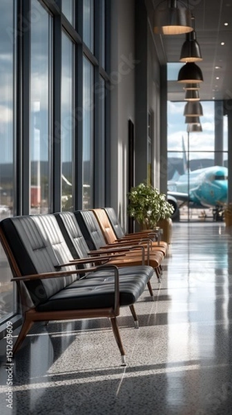Fototapeta Modern airport terminal waiting area with mid-century leather chairs beside floor-to-ceiling windows overlooking airplane on tarmac, contemporary pendant lighting illuminating polished corridor