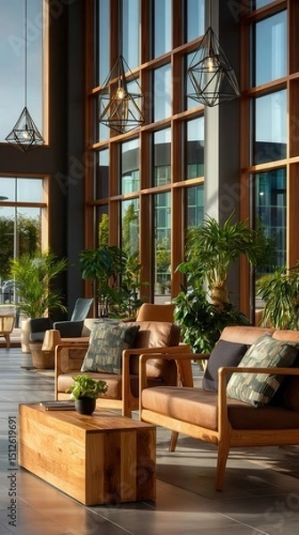 Fototapeta Elegant modern hotel lobby with floor-to-ceiling windows, tan leather armchairs, geometric pendant lights, and lush green plants creating warm inviting atmosphere in upscale hospitality space