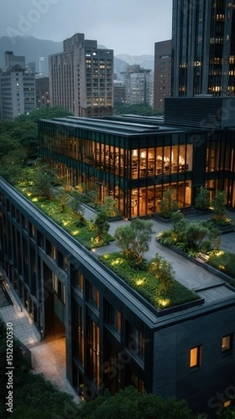 Fototapeta Serene twilight cityscape with illuminated modern building featuring rooftop garden terrace amid urban skyscrapers and distant mountains in Asian metropolitan area