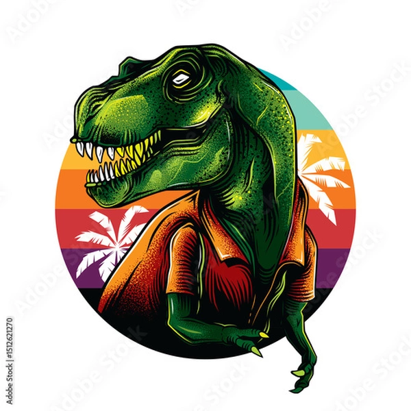 Fototapeta Original vintage style illustration of Tyrannosaurus rex against a retro sunset and palm trees background. Tyrannosaurus Rex. T-shirt design, design element.