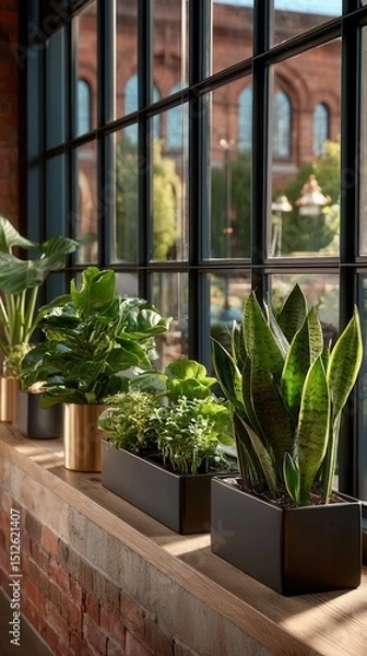 Fototapeta Serene indoor plants arranged on wooden windowsill with black-framed windows overlooking brick building, creating stylish urban loft atmosphere with natural greenery in modern planters
