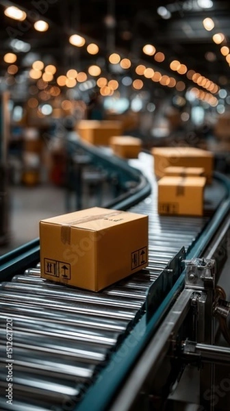 Fototapeta Atmospheric cardboard packages moving on conveyor belt in modern distribution warehouse with bokeh lights in background, showcasing automated logistics system in e-commerce fulfillment center