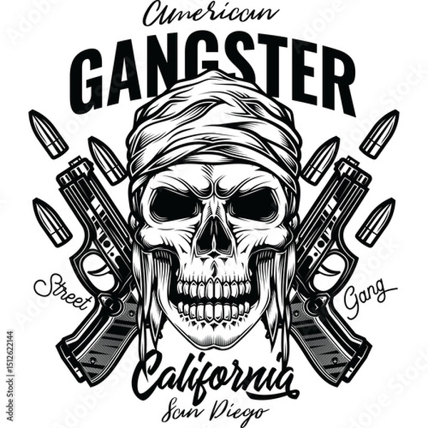 Fototapeta Original illustration in retro style. Bandit skull with two pistols in the background. T-shirt or sticker design.
