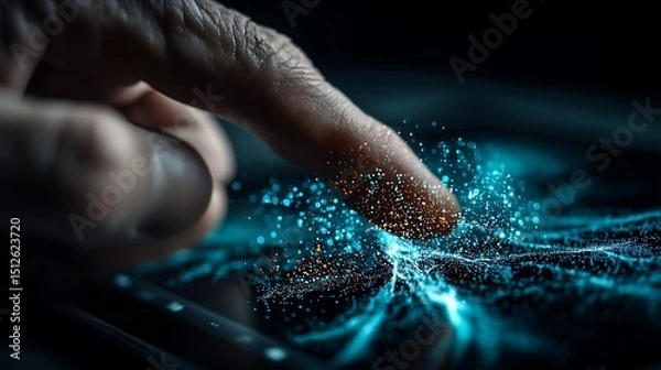 Obraz a close up shot shows a person's finger touching a dark surface