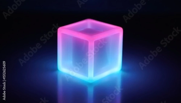 Fototapeta Illuminated cube with vibrant pink and blue neon lighting effect