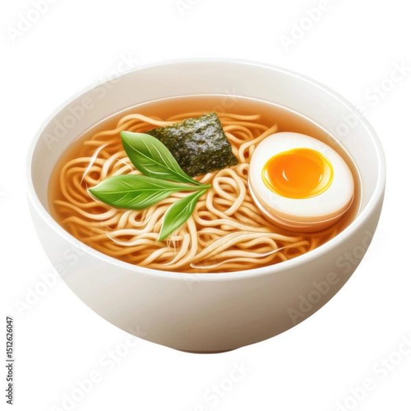 Obraz Bowl of ramen with egg, nori, and fresh herbs, served in white bowl, showcasing cozy and inviting noodle soup with clear broth