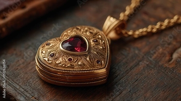 Fototapeta Elegant vintage gold heart locket with deep red ruby gemstone on gold chain resting on rustic wooden surface, showcasing intricate filigree details and romantic jewelry craftsmanship