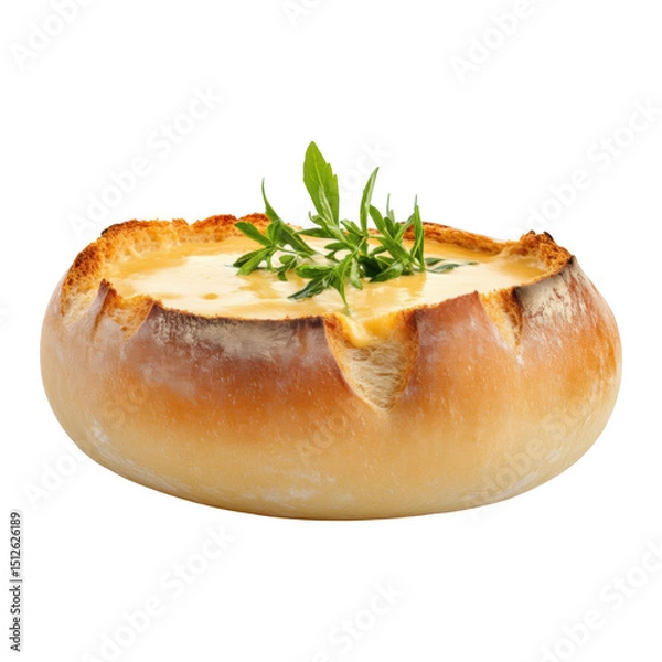Obraz Rustic bread bowl filled with creamy cheese soup, garnished with fresh herbs, creating warm and indulgent presentation. Perfect for comfort food lovers