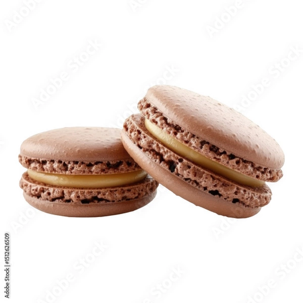 Obraz Two chocolate macarons with smooth caramel filling, showcasing delicate texture and rich flavor, perfect for dessert lovers and French pastry enthusiasts