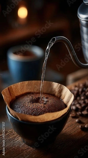 Fototapeta Aromatic pour-over coffee brewing with hot water stream flowing from silver kettle into filter cone with fresh grounds on rustic wooden table in cozy cafe atmosphere